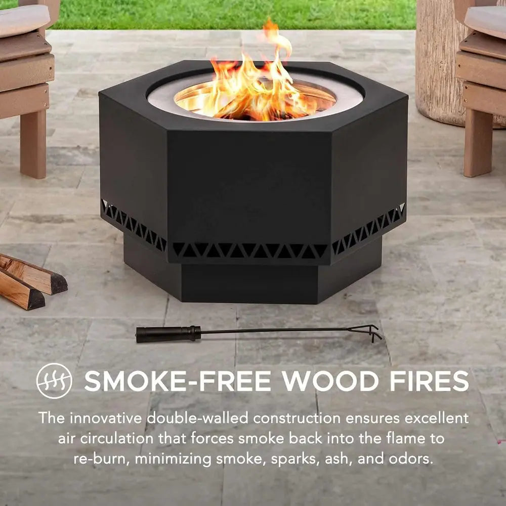 Hexagonal Outdoor Wood Burning Fire Pit With Cover And Poker