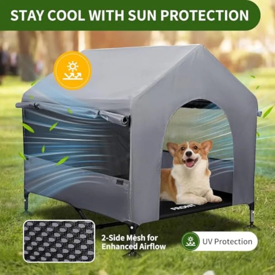 Outdoor Indoor Dog House With Mesh Windows And Elevated Bed