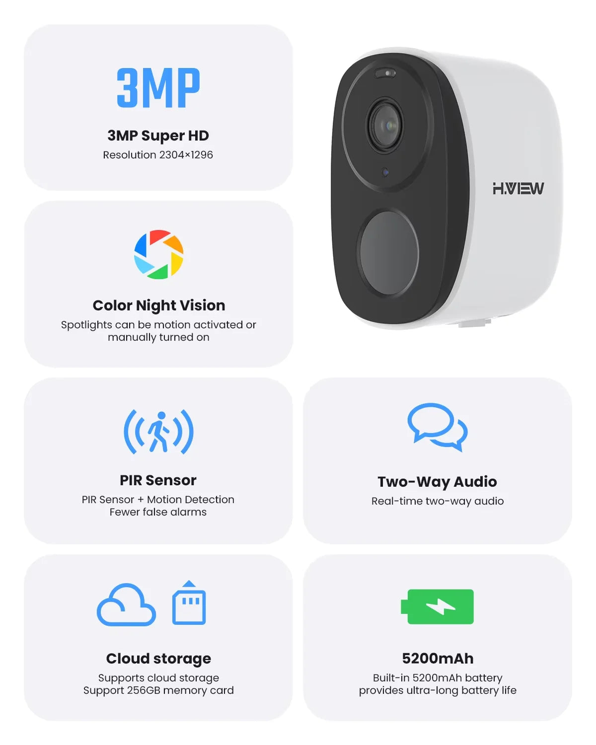 H.VIEW Battery Powered Outdoor WiFi 2K Security Camera With Spotlight