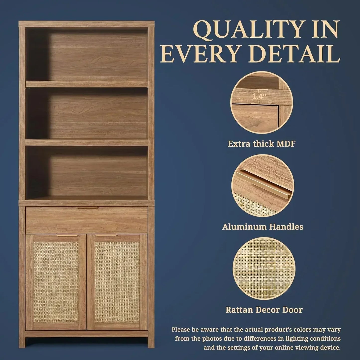 Rattan Bookcase With Doors And Drawer 5 Tier Large Wooden