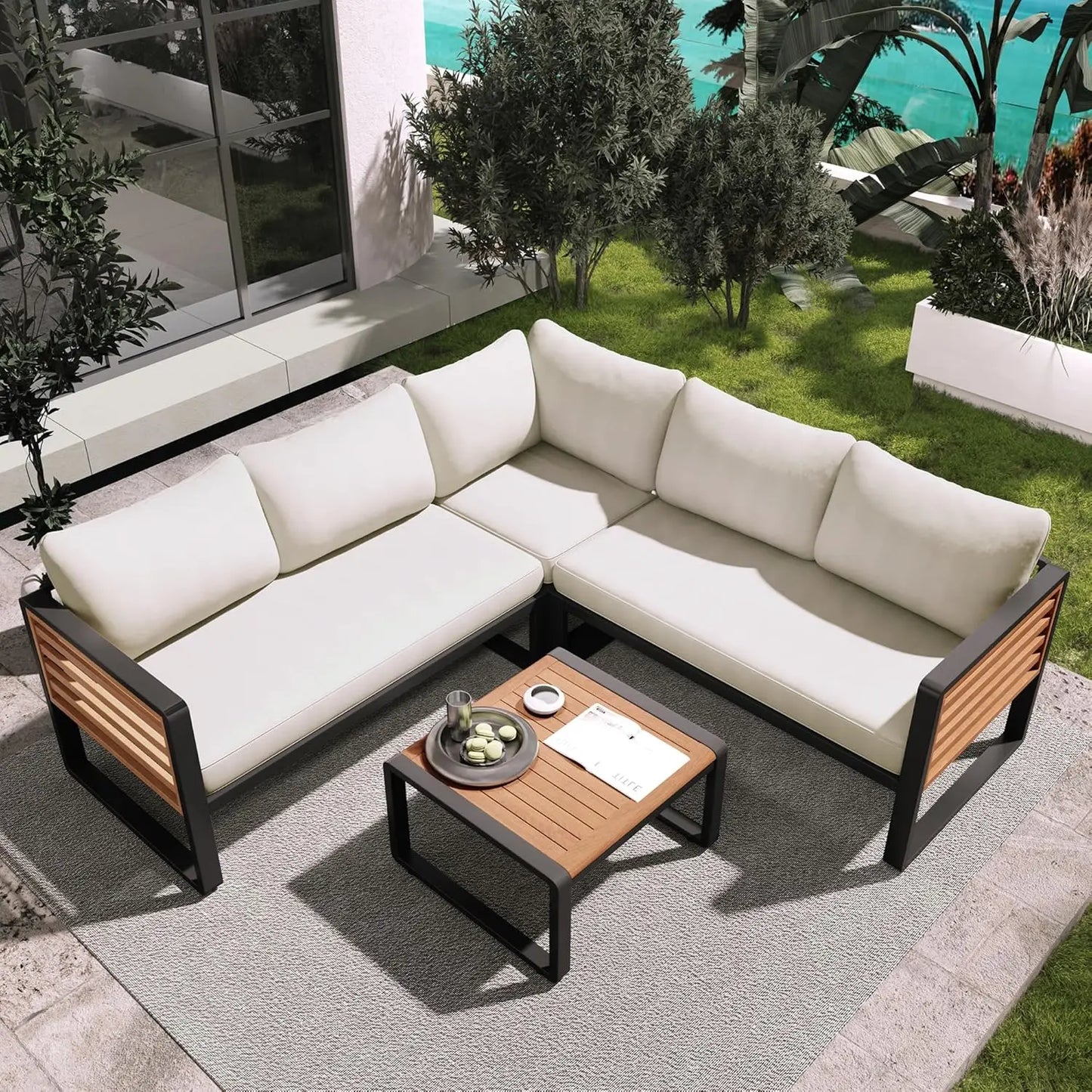 Acacia Wood Outdoor Slatted 4 Piece Sectional Sofa Set Cushions