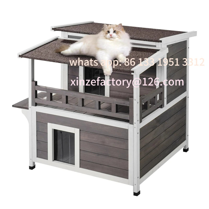 Weatherproof Outdoor Cat House Two Story Wooden Shelter With Balcony