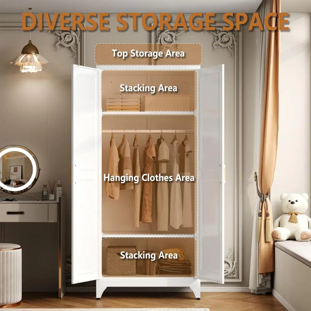 Metal Armoire Wardrobe Closet With Doors And Shelves For Hanging Clothes
