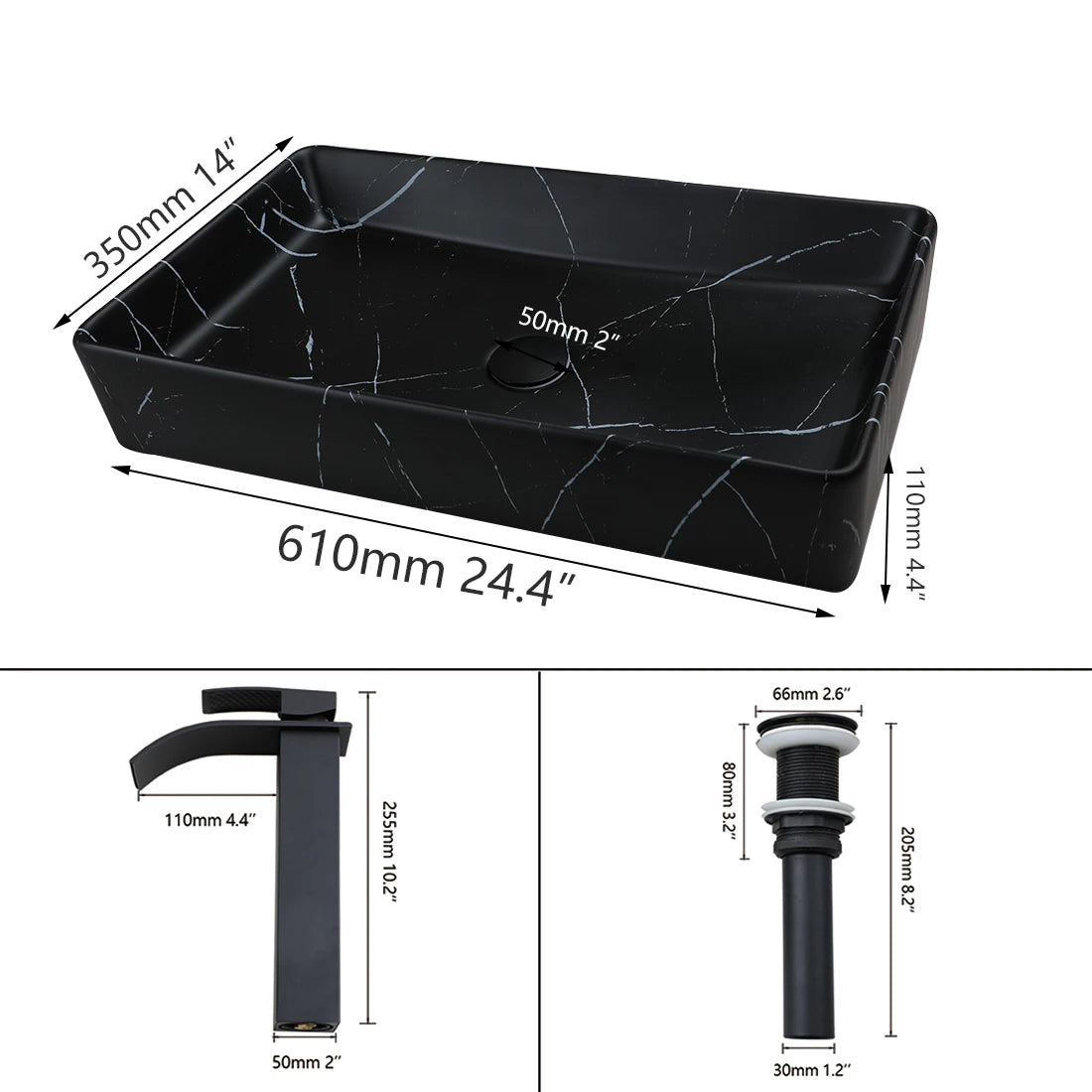 KEMAIDI Rectangular Marble Ceramic Vessel Sink With Faucet Set