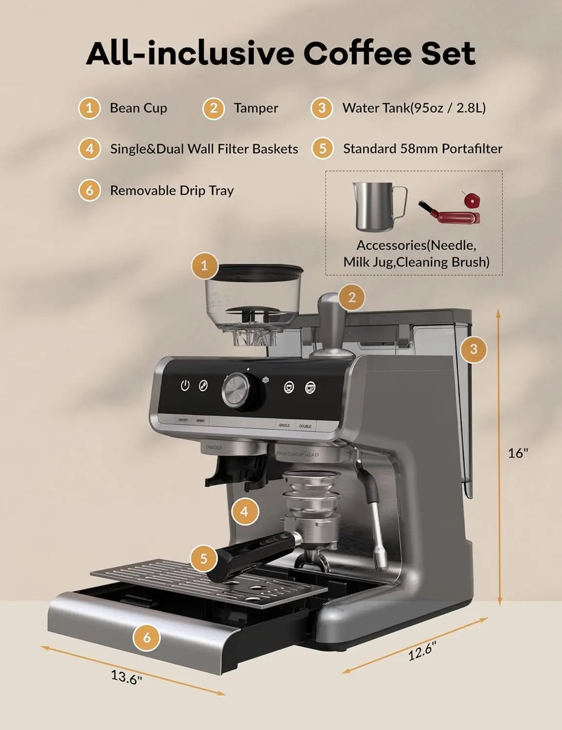 Acekool 20 Bar Espresso Machine With Built In Grinder 1450W Semi Automatic
