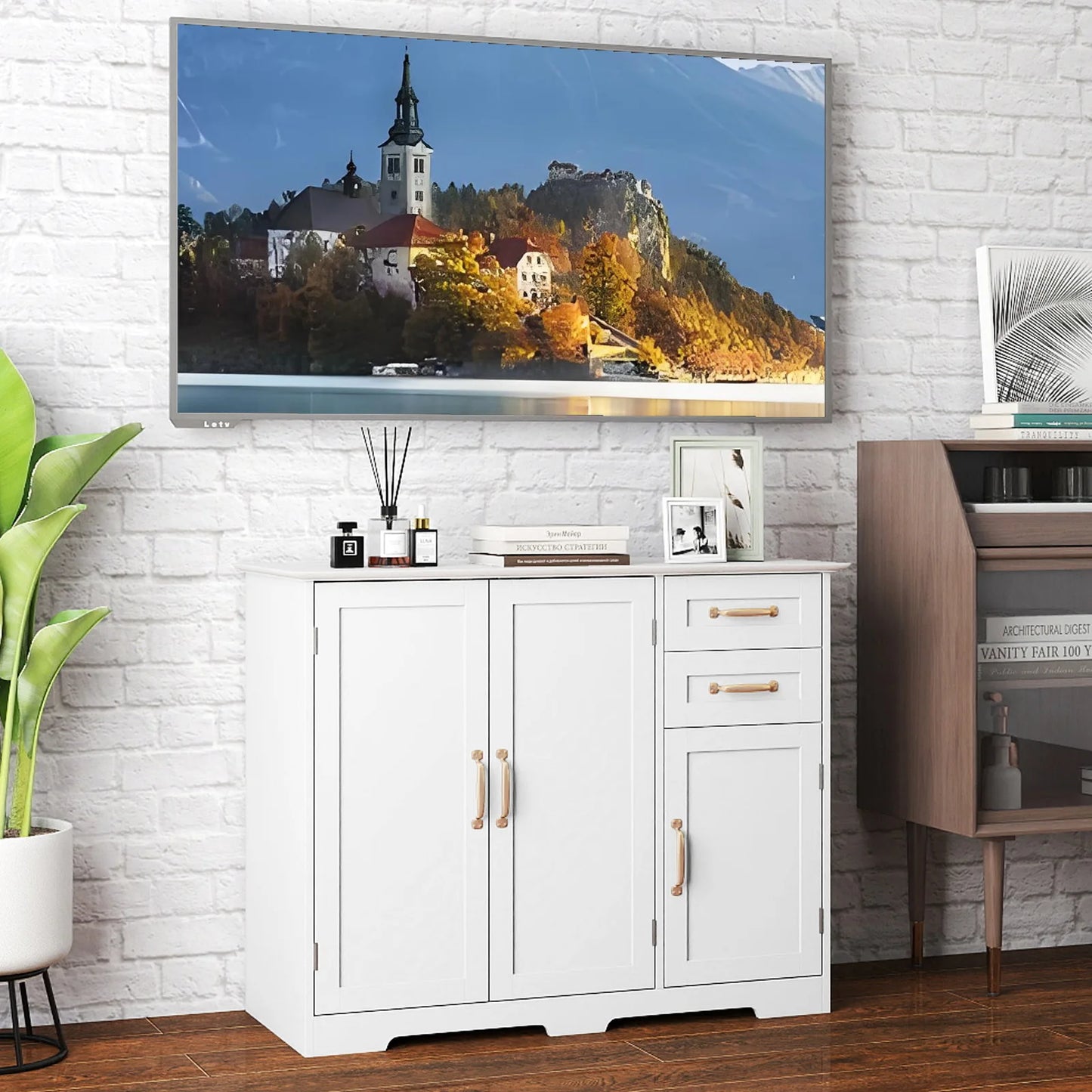 HOMASIS Sideboard Buffet Cabinet Modern Kitchen Storage Organizer With Drawers