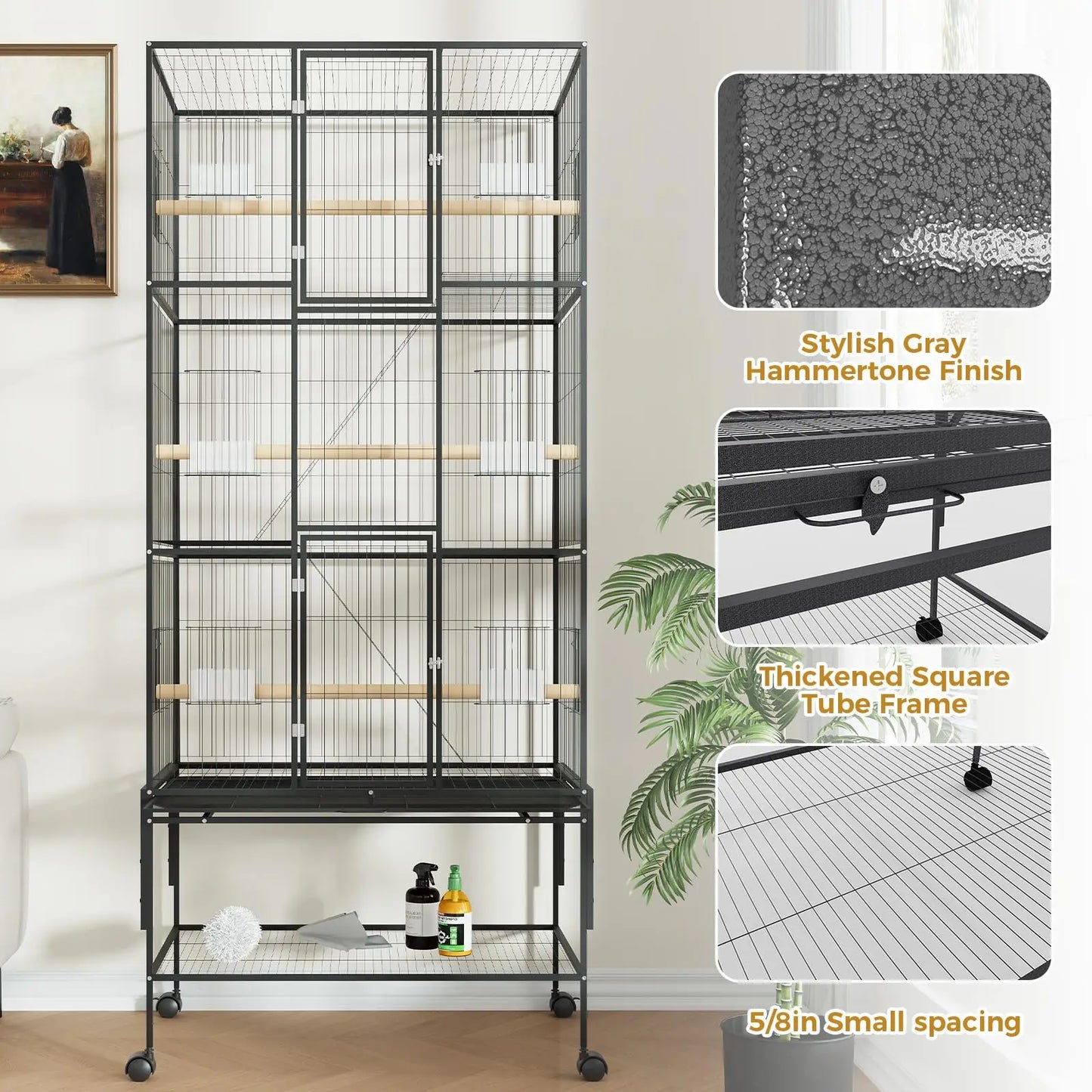 HiMISS Multi-Tier Bird Cage With Detachable Stand And Wheels