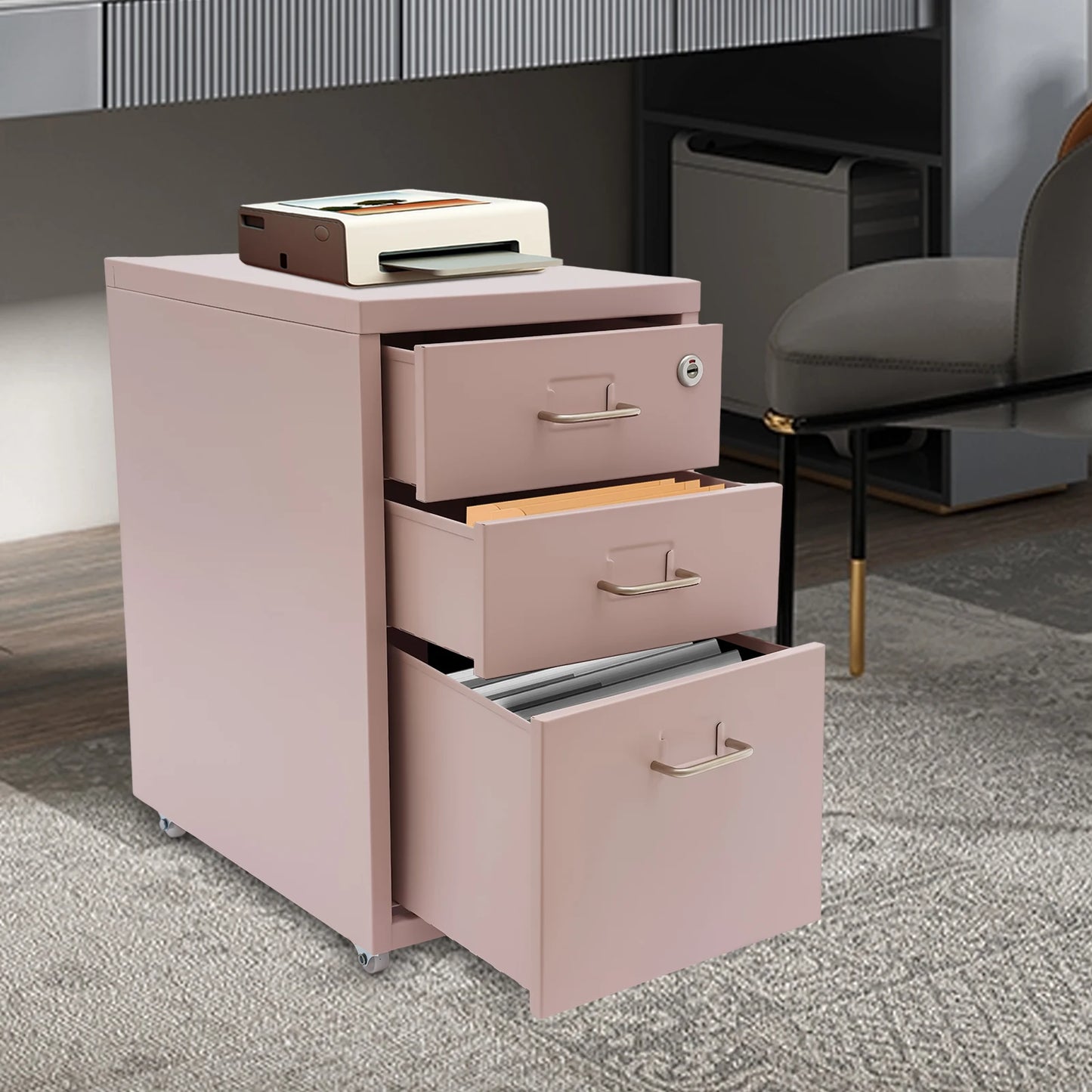 Bymaocar 3 Tier Vertical File Cabinet With Lock On Casters