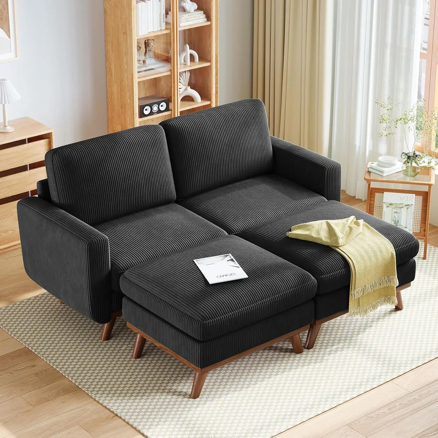 L Shape Modular Sectional Sofa 3 Seat Corduroy Movable Ottoman