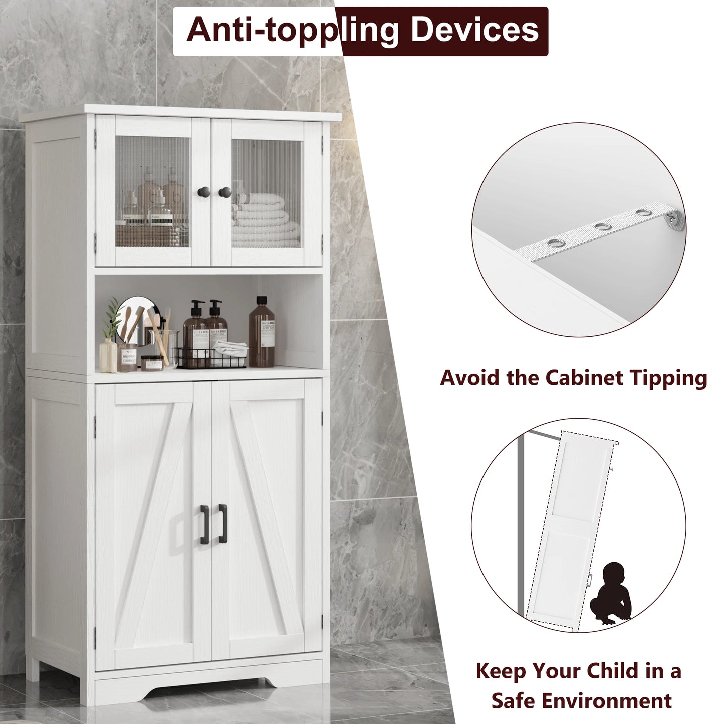 HobbyLane Free Standing Kitchen Pantry Cabinet Tempered Glass Doors