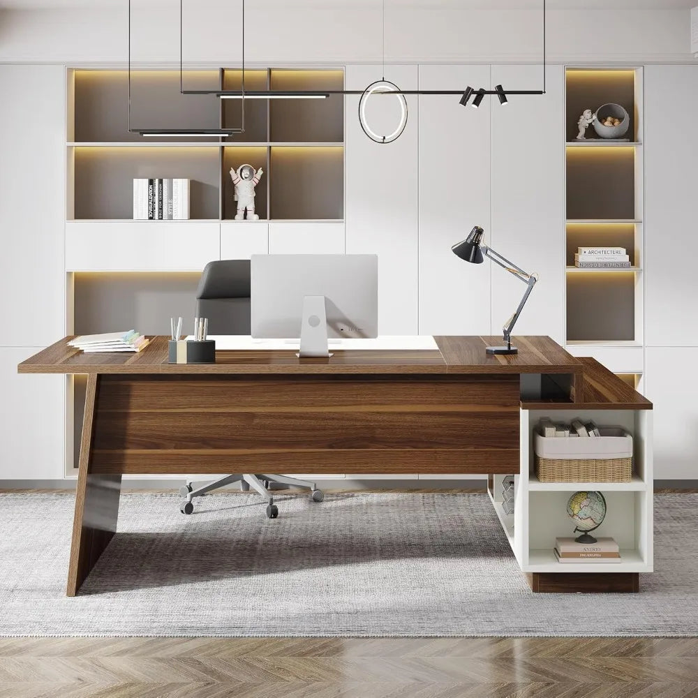 L-Shaped Executive Desk With Storage And Shelves Mid-Century Modern