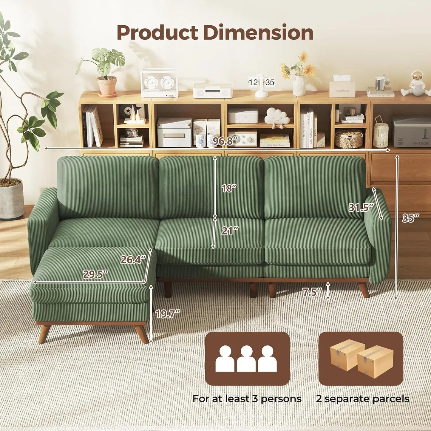 L Shape Modular Sectional Sofa 3 Seat Corduroy Movable Ottoman