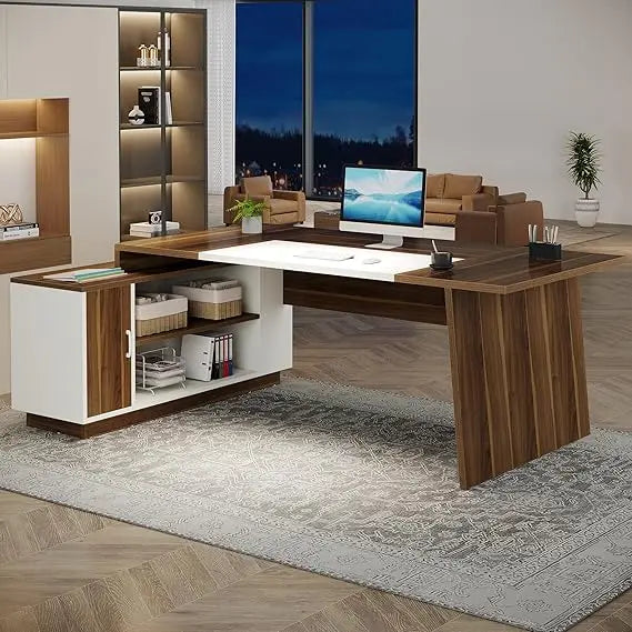 L-Shaped Executive Desk With Storage And Shelves Mid-Century Modern