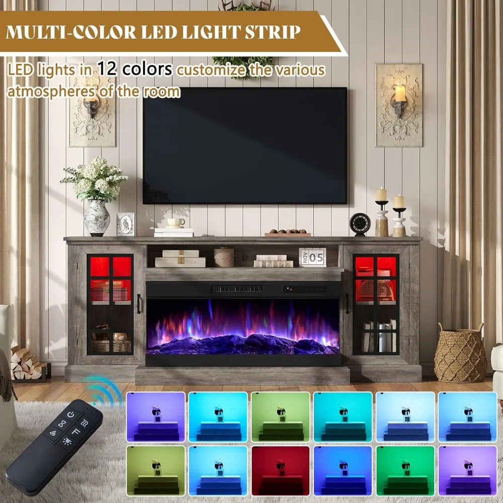 Dafify Modern Glass Fireplace TV Stand With LED Lights