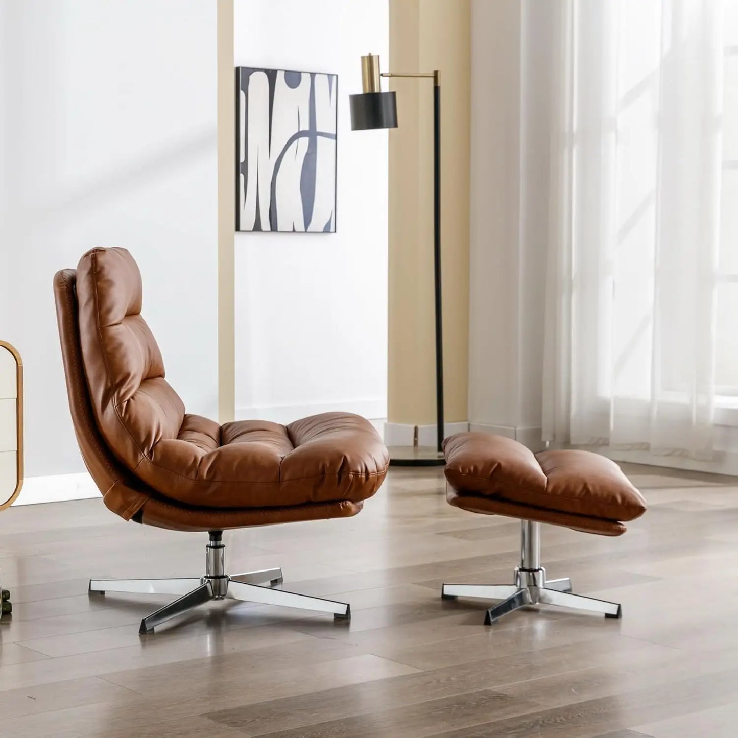 Mid Century Modern Faux Leather Accent Chair With Ottoman