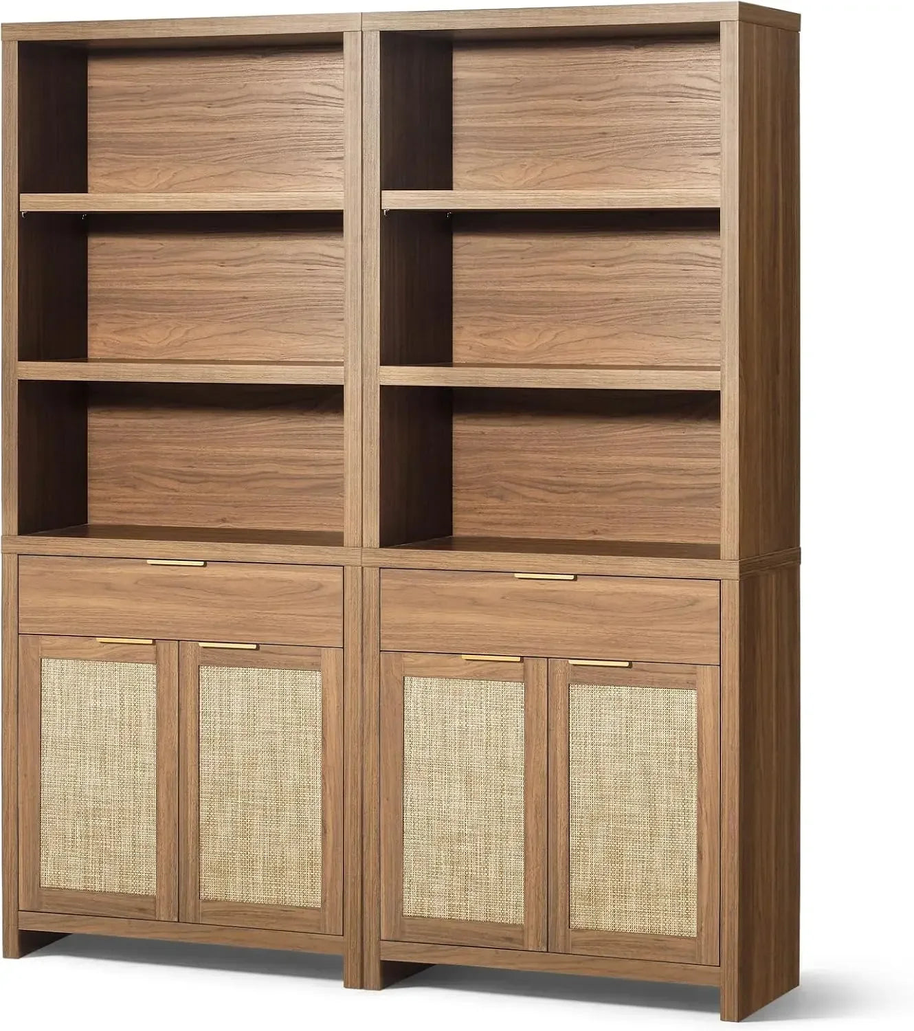 Rattan Bookcase With Doors And Drawer 5 Tier Large Wooden
