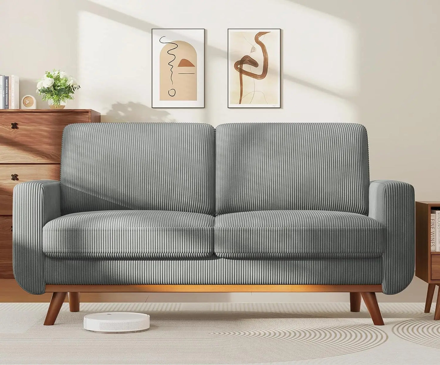 L Shape Modular Sectional Sofa 3 Seat Corduroy Movable Ottoman