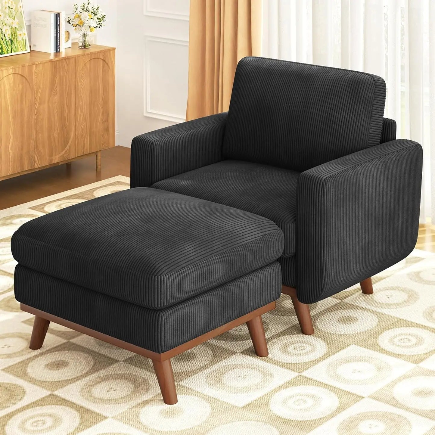 L Shape Modular Sectional Sofa 3 Seat Corduroy Movable Ottoman