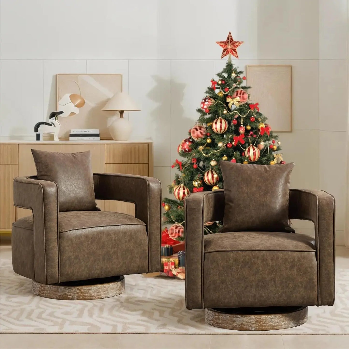 Upholstered Swivel Accent Chair Set Of 2 Linen Open Back