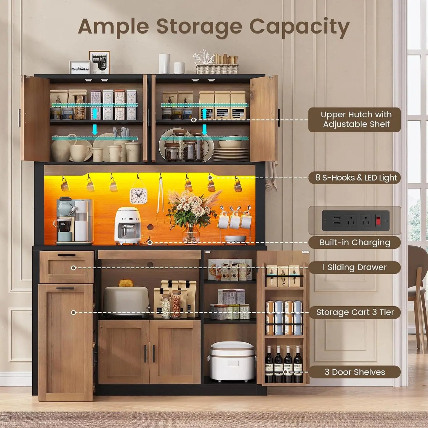 Pantry Cabinet With Charging Station And Lighting Microwave Stand