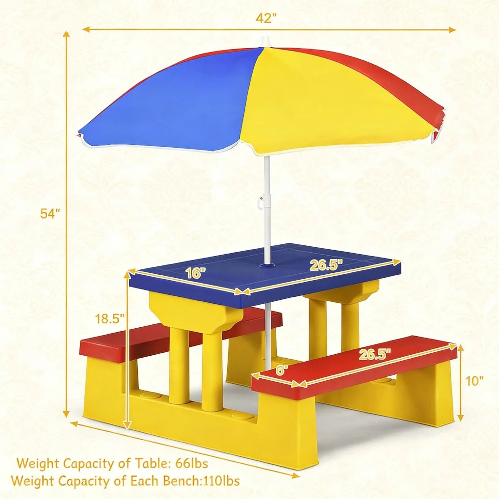 Kids Picnic Table Set With Foldable Umbrella Lightweight