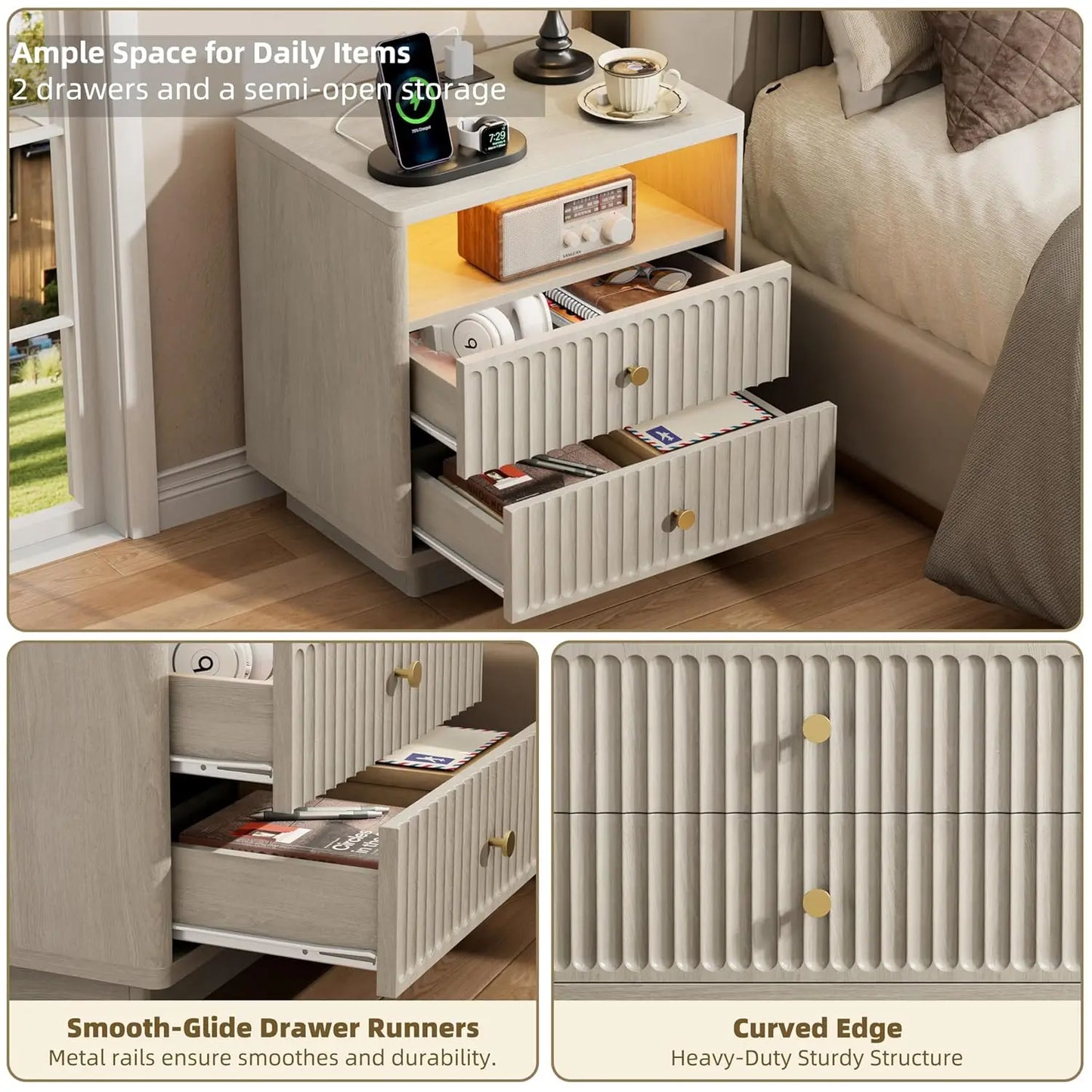 Two-Drawer Nightstand Set With Charging Station And LED Motion Sensor