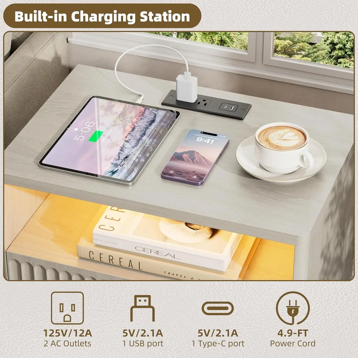 Two-Drawer Nightstand Set With Charging Station And LED Motion Sensor