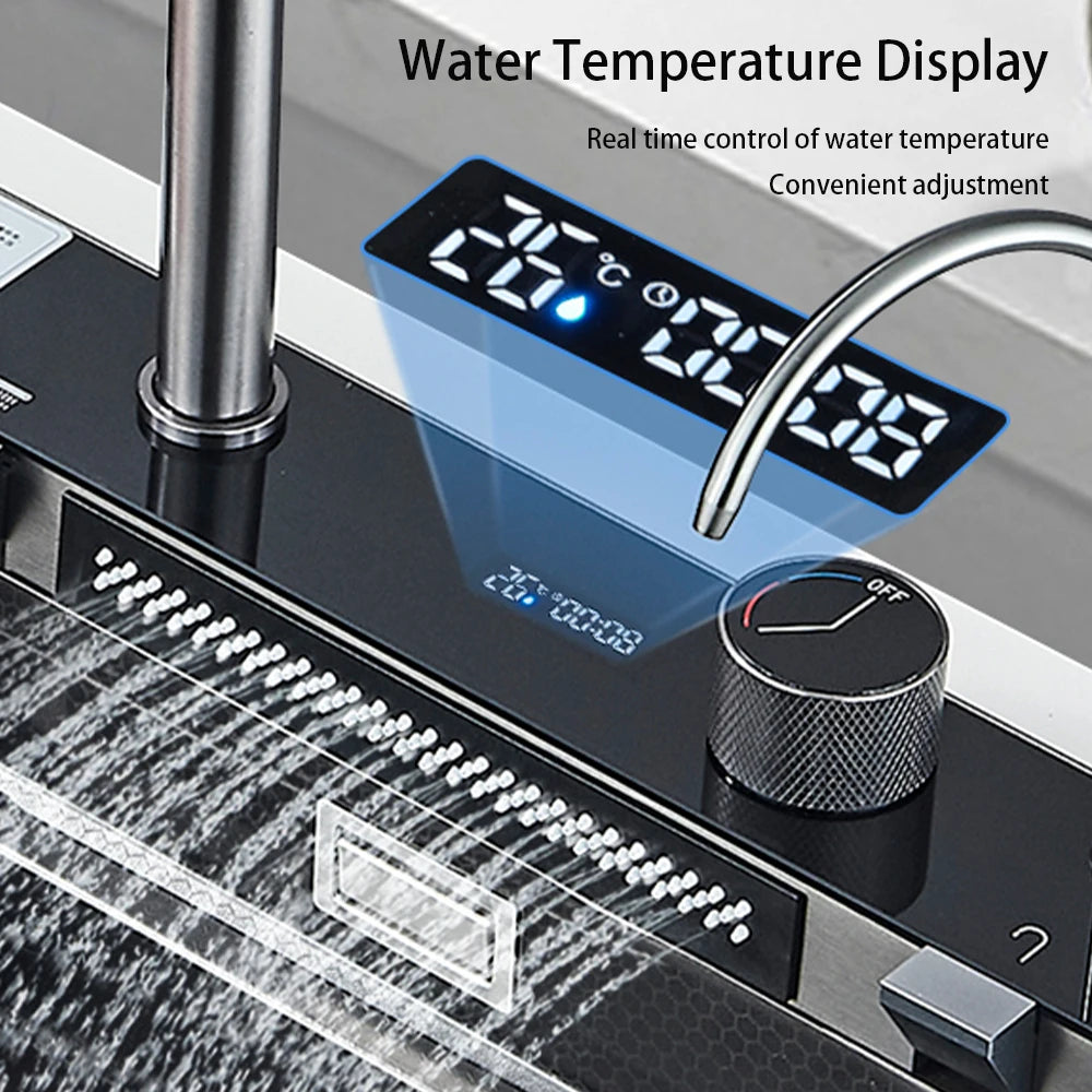 Multifunctional Kitchen Waterfall Sink With Digital Display, 304 Stainless Steel