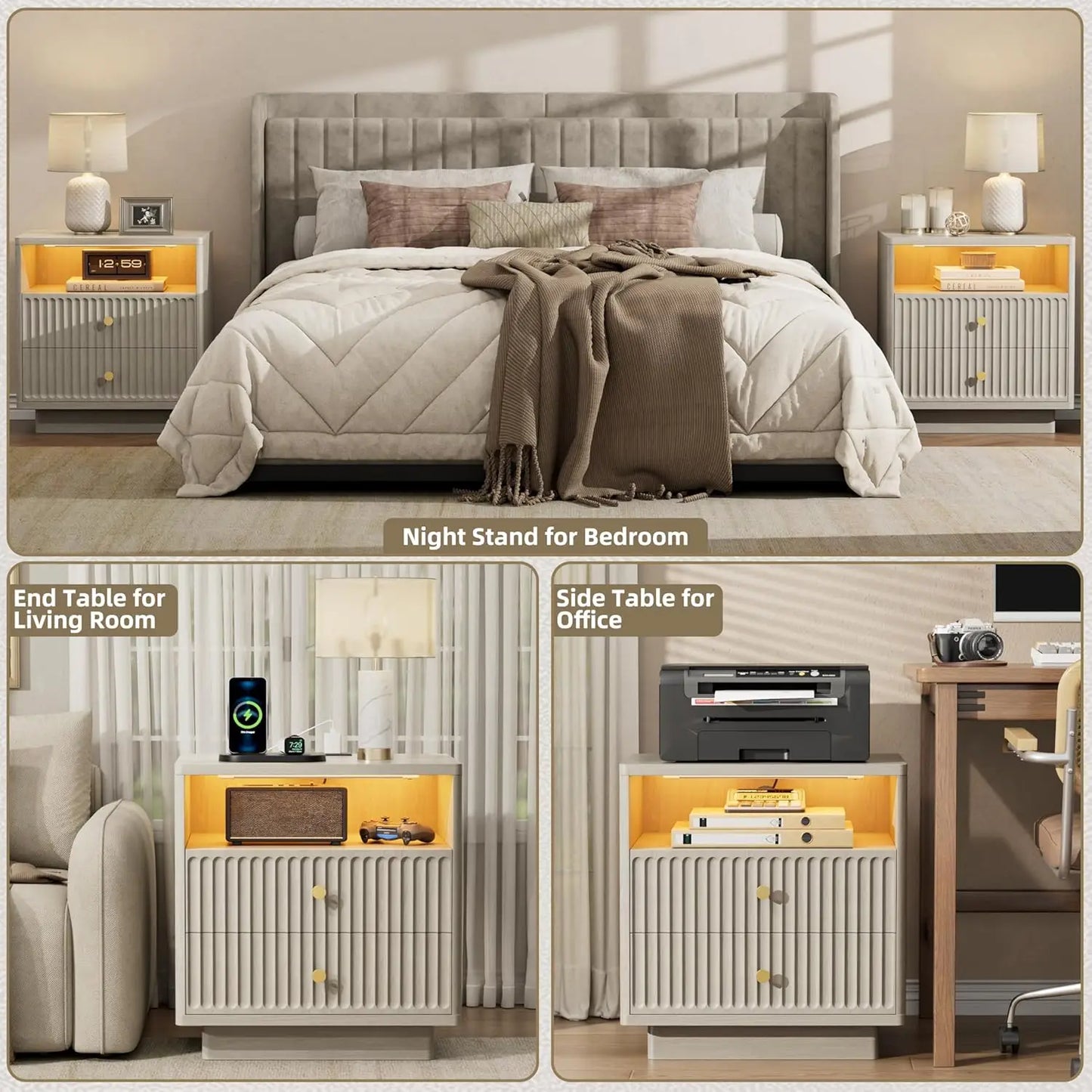 Two-Drawer Nightstand Set With Charging Station And LED Motion Sensor