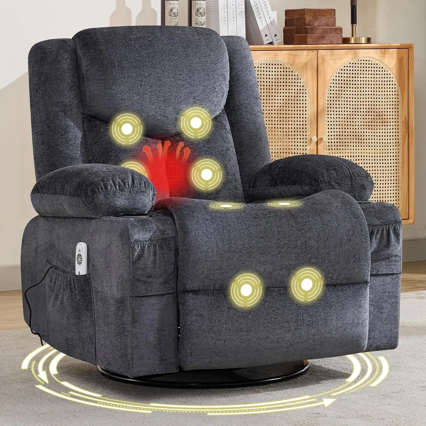 Swivel Recliner Chair With Massage And Heat, Rocker, Cup Holders