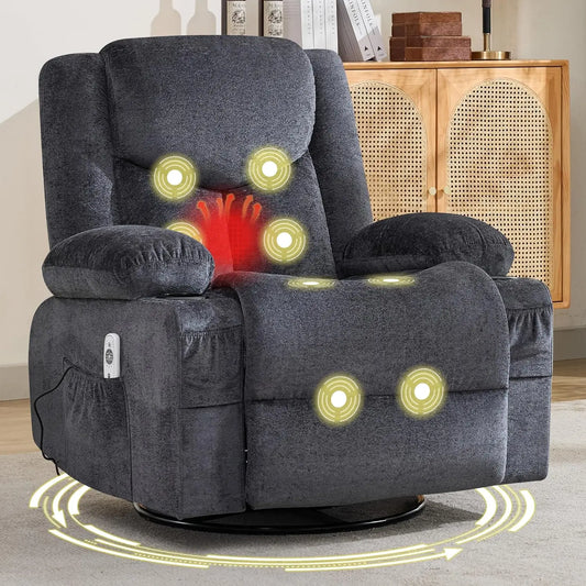 Swivel Recliner Chair With Massage And Heat, Rocker, Cup Holders