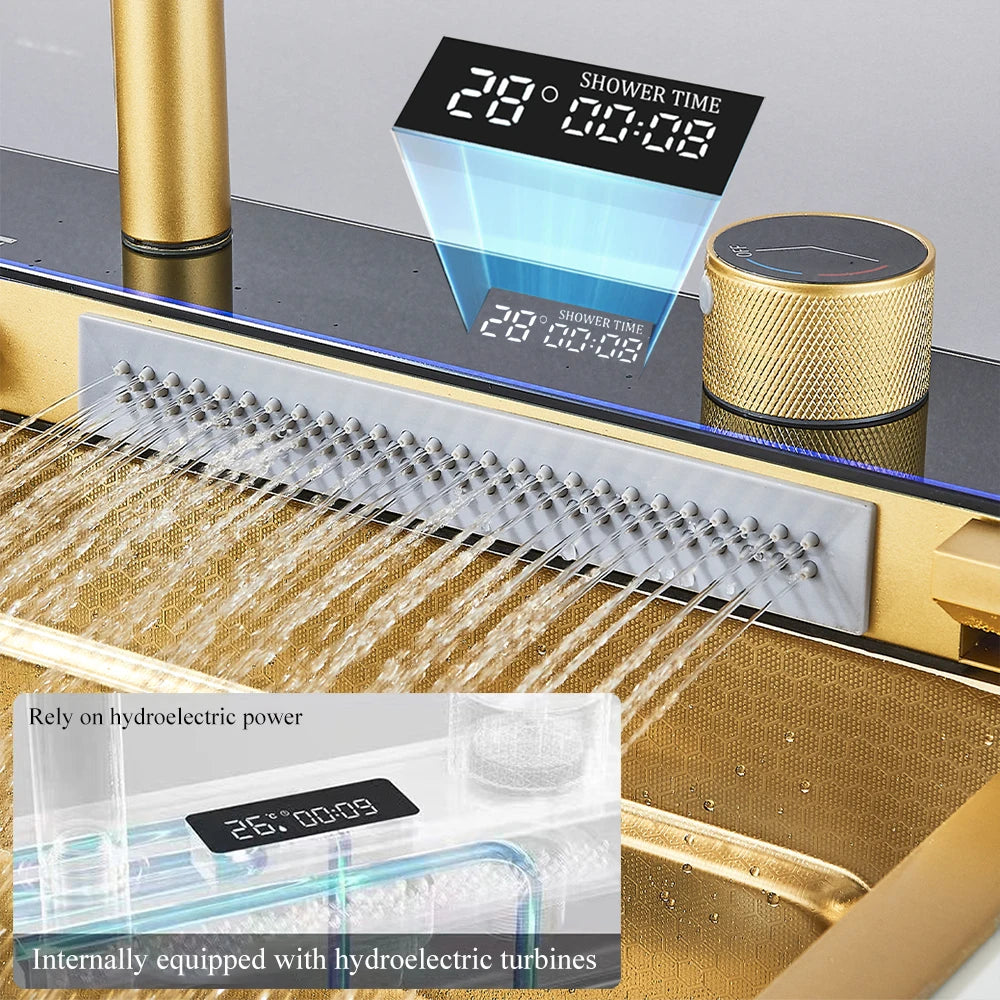 Multifunctional Kitchen Waterfall Sink With Digital Display, 304 Stainless Steel