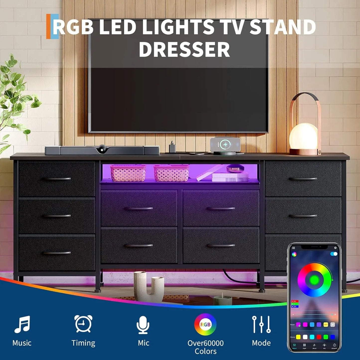 TWISTER.CK TV Stand With LED Lights And Power Outlets