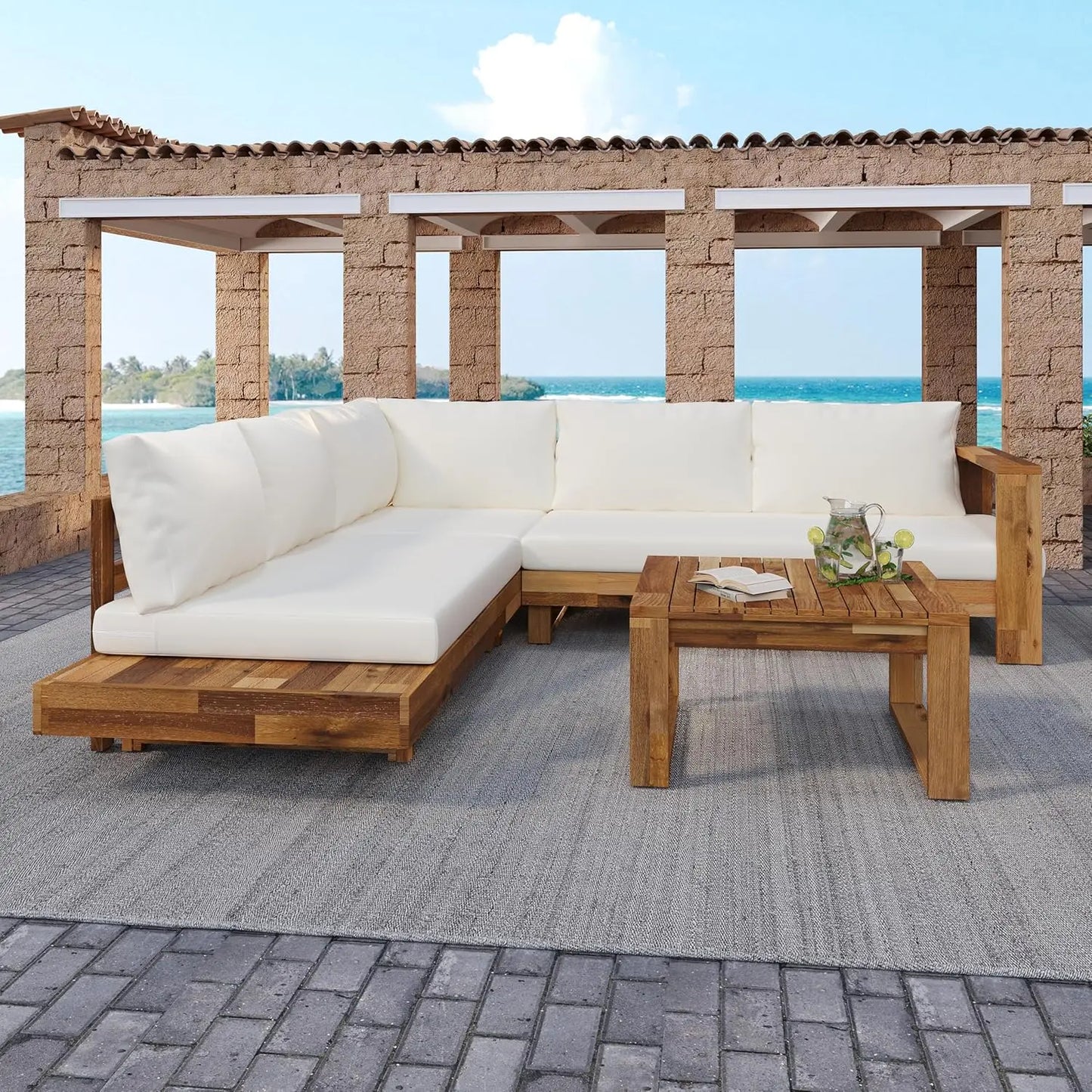 Acacia Wood Outdoor Slatted 4 Piece Sectional Sofa Set Cushions