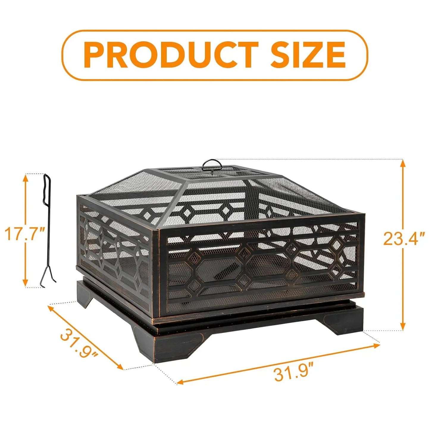 Outdoor Wood Burning Fire Pit With Mesh Cover And Poker