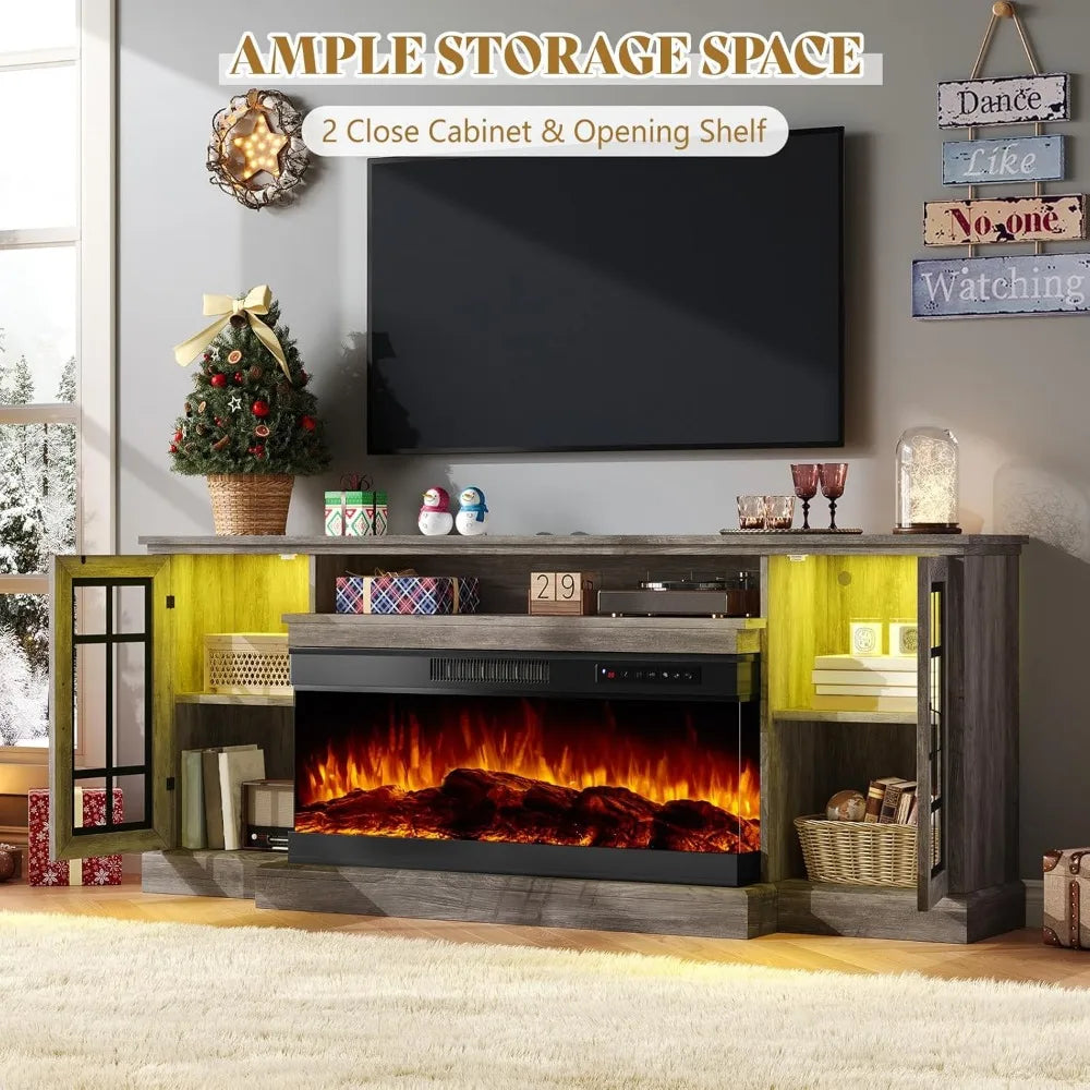 Dafify Modern Glass Fireplace TV Stand With LED Lights