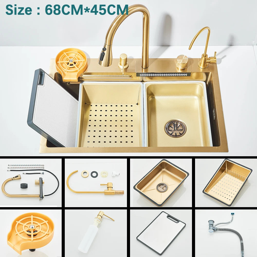 Multifunctional Kitchen Waterfall Sink With Digital Display, 304 Stainless Steel