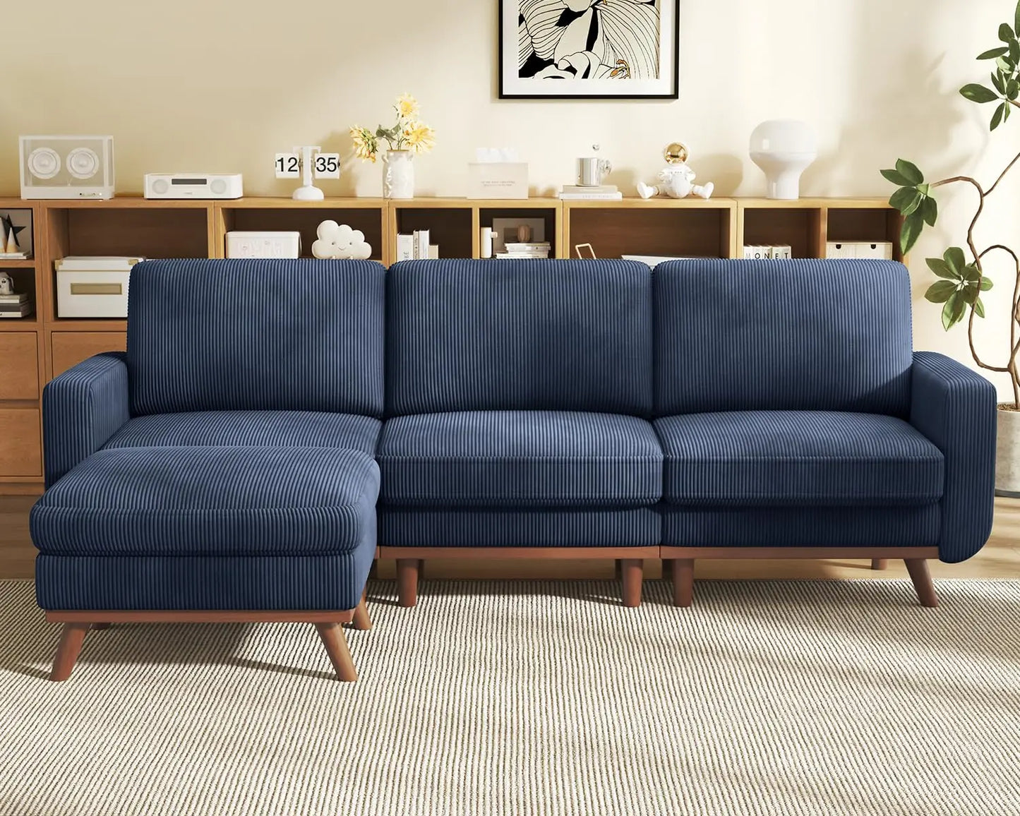 L Shape Modular Sectional Sofa 3 Seat Corduroy Movable Ottoman
