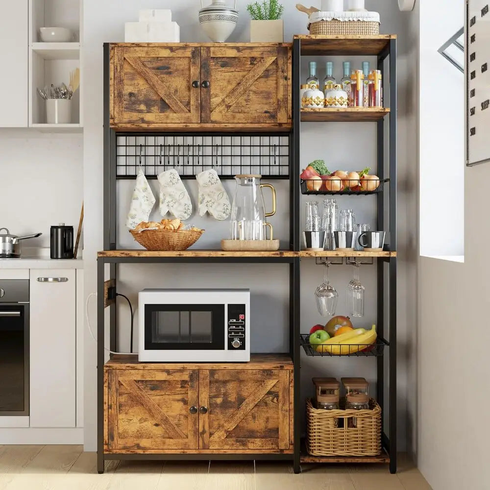 IRONCK Kitchen Bakers Rack With Storage Cabinets And Power Outlet