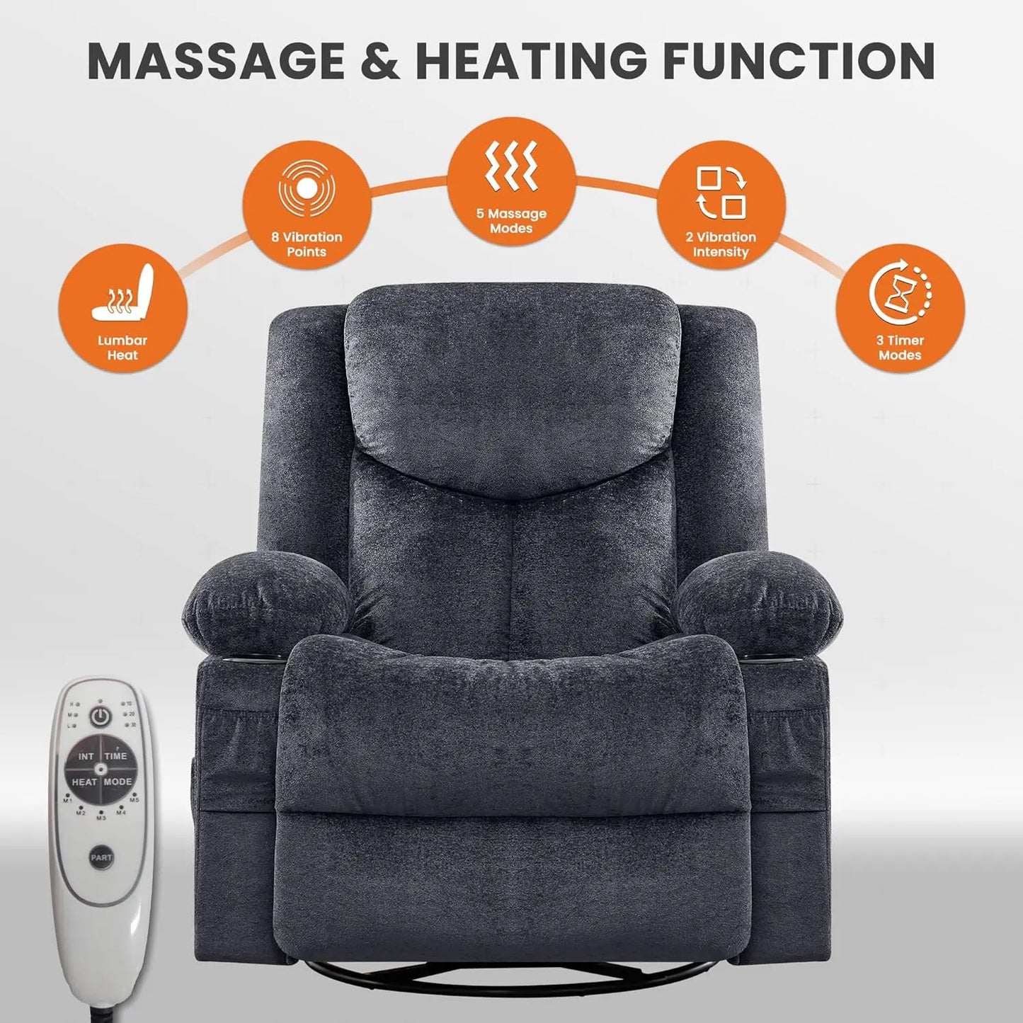 Swivel Recliner Chair With Massage And Heat, Rocker, Cup Holders