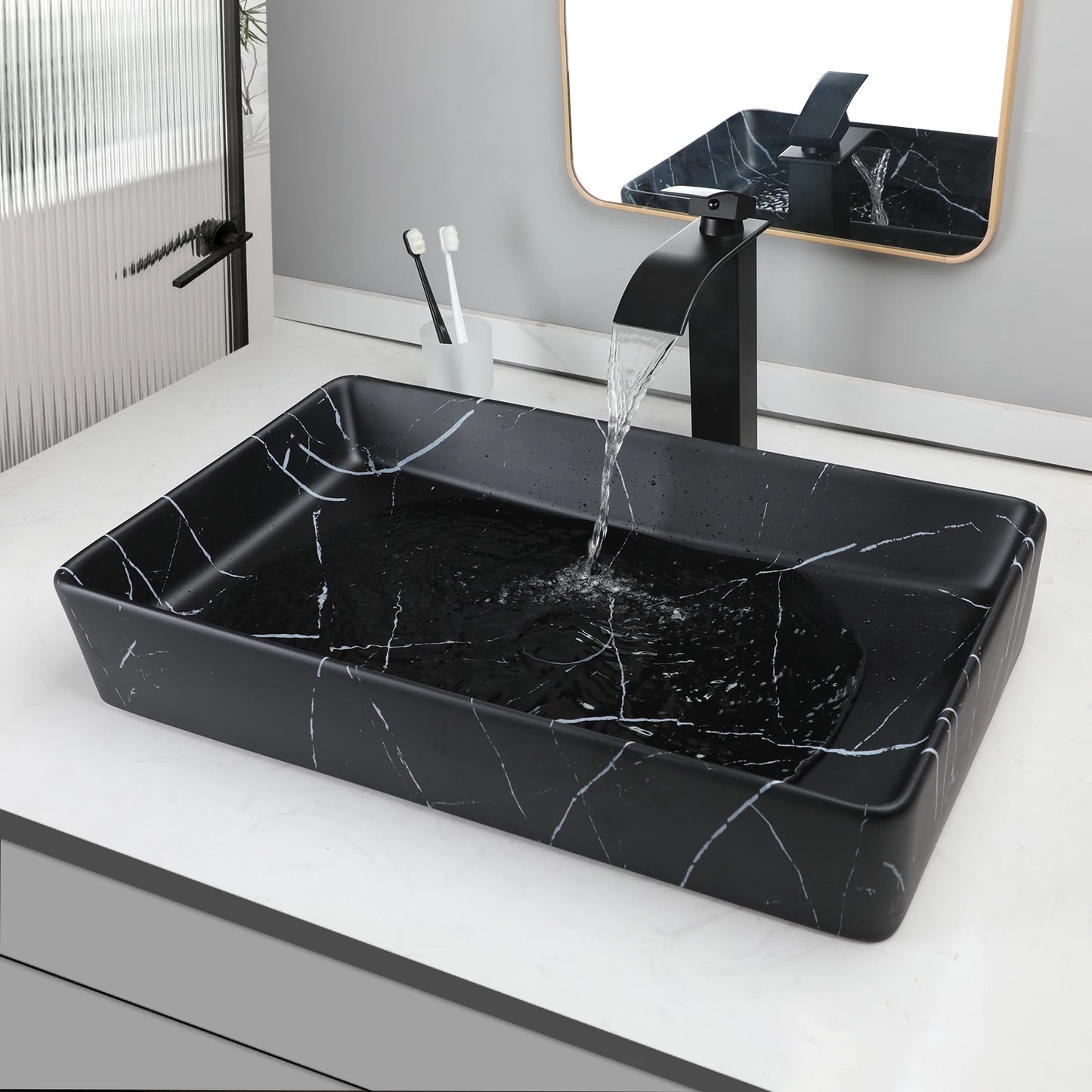 KEMAIDI Rectangular Marble Ceramic Vessel Sink With Faucet Set