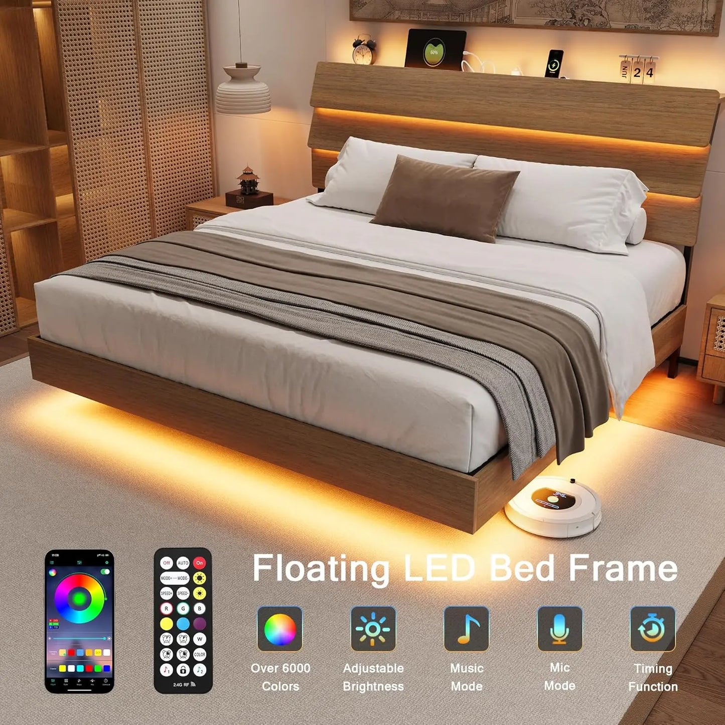 LED Headboard Floating Bed Frame With USB Charging Station Integrated
