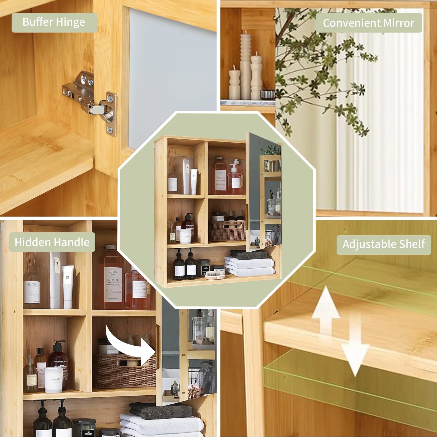 Wisfor Bamboo Bathroom Cabinet With Mirror Shelves