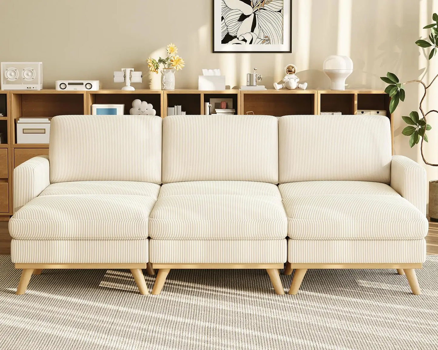 L Shape Modular Sectional Sofa 3 Seat Corduroy Movable Ottoman