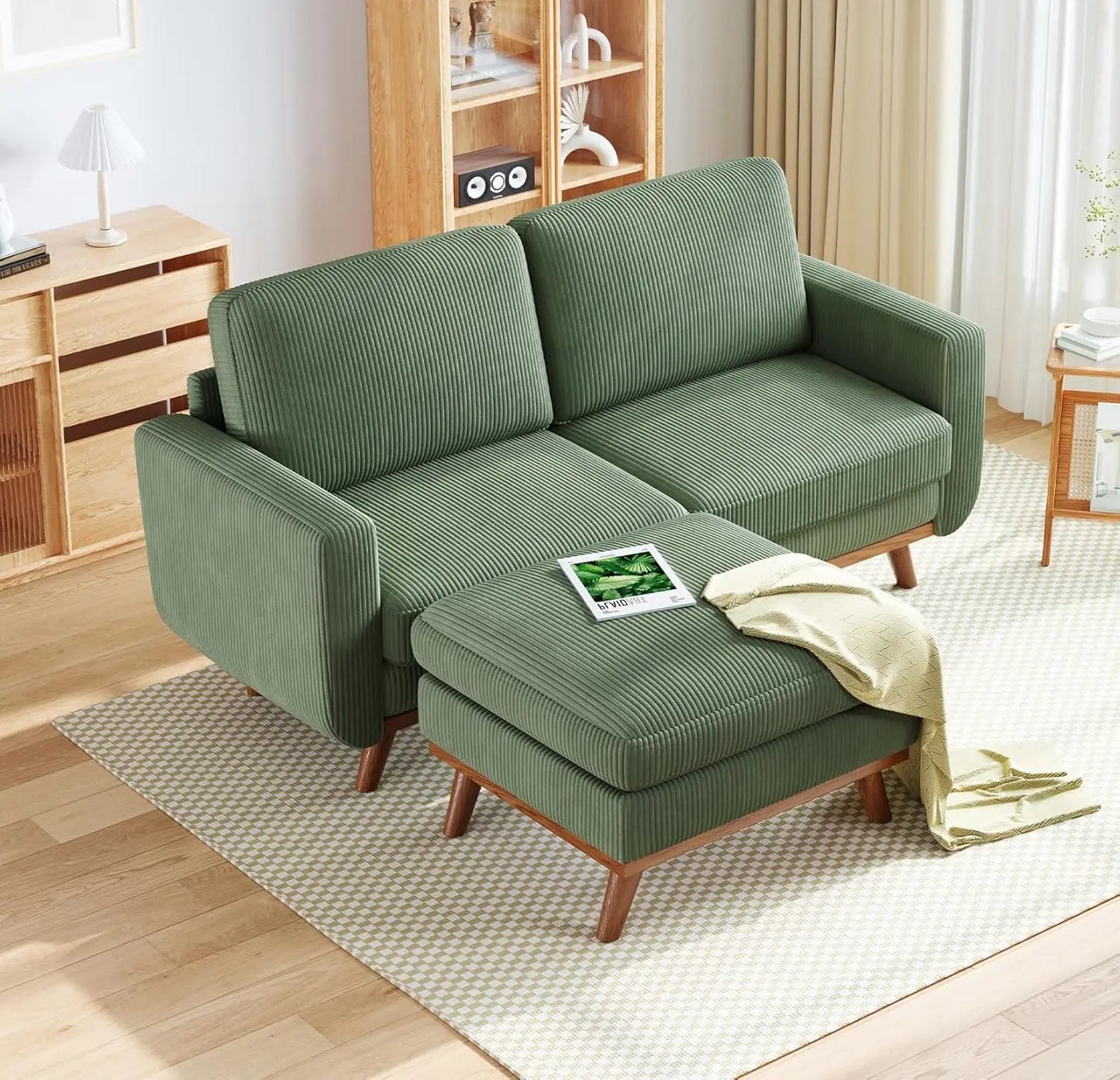 L Shape Modular Sectional Sofa 3 Seat Corduroy Movable Ottoman