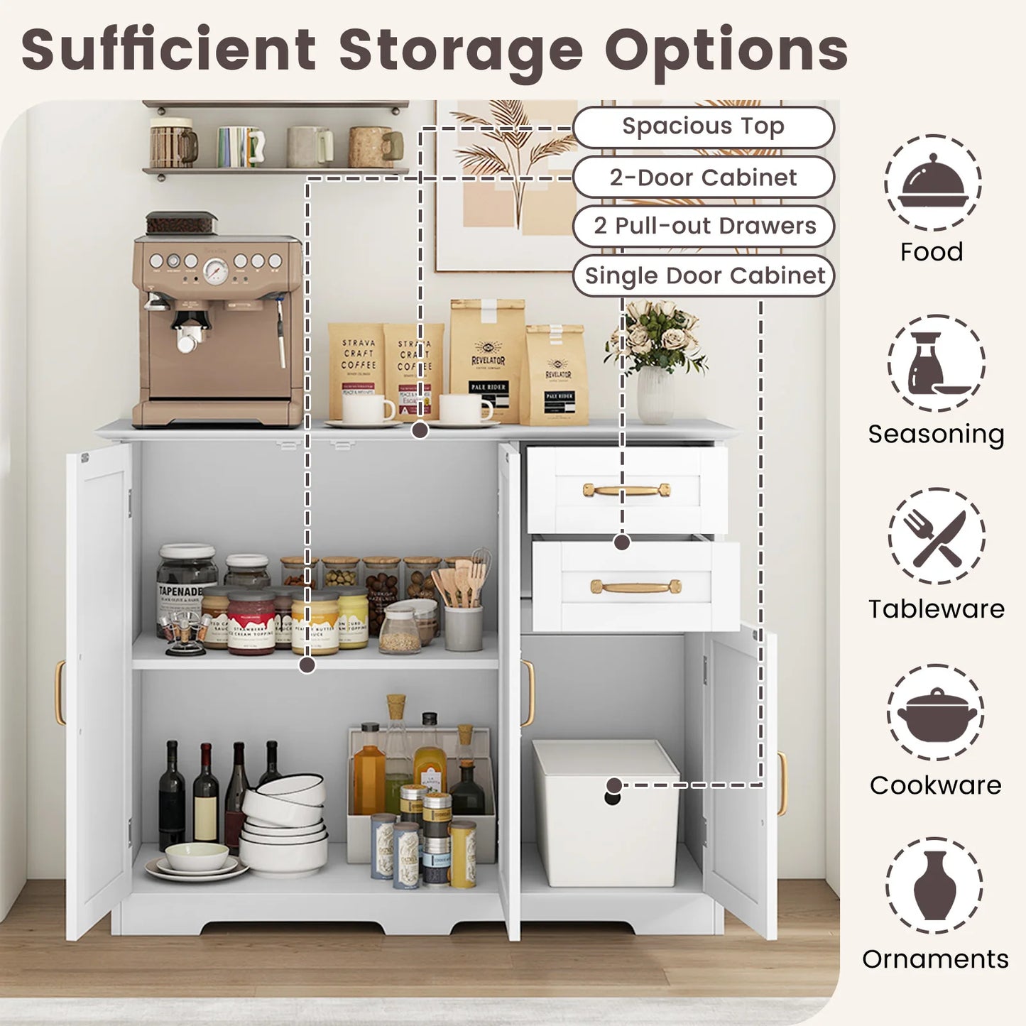 HOMASIS Sideboard Buffet Cabinet Modern Kitchen Storage Organizer With Drawers
