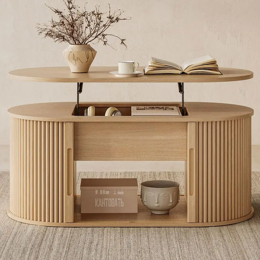 Oval Fluted Tambour Sliding Door Lift-Top Coffee Table With Storage