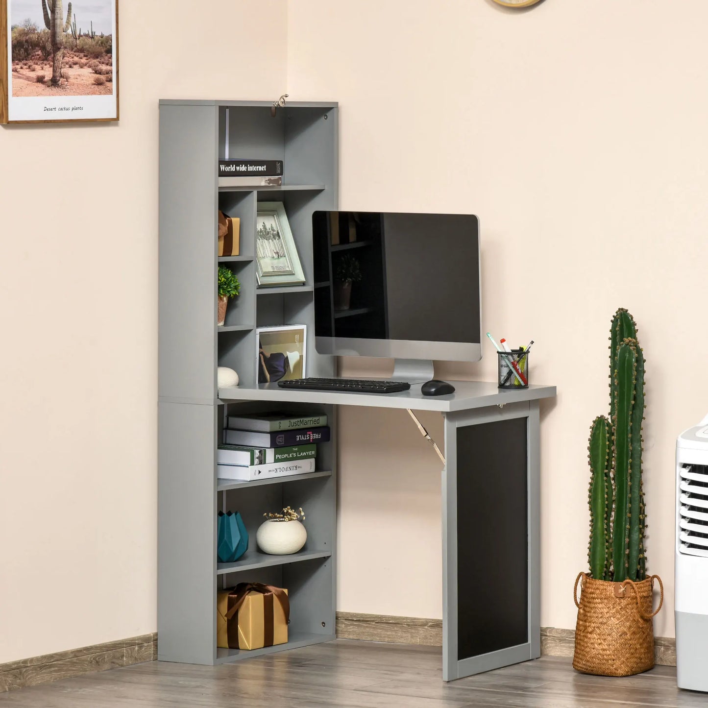 Homcom Foldout Convertible Office Desk With Wall Mount Blackboard Shelf
