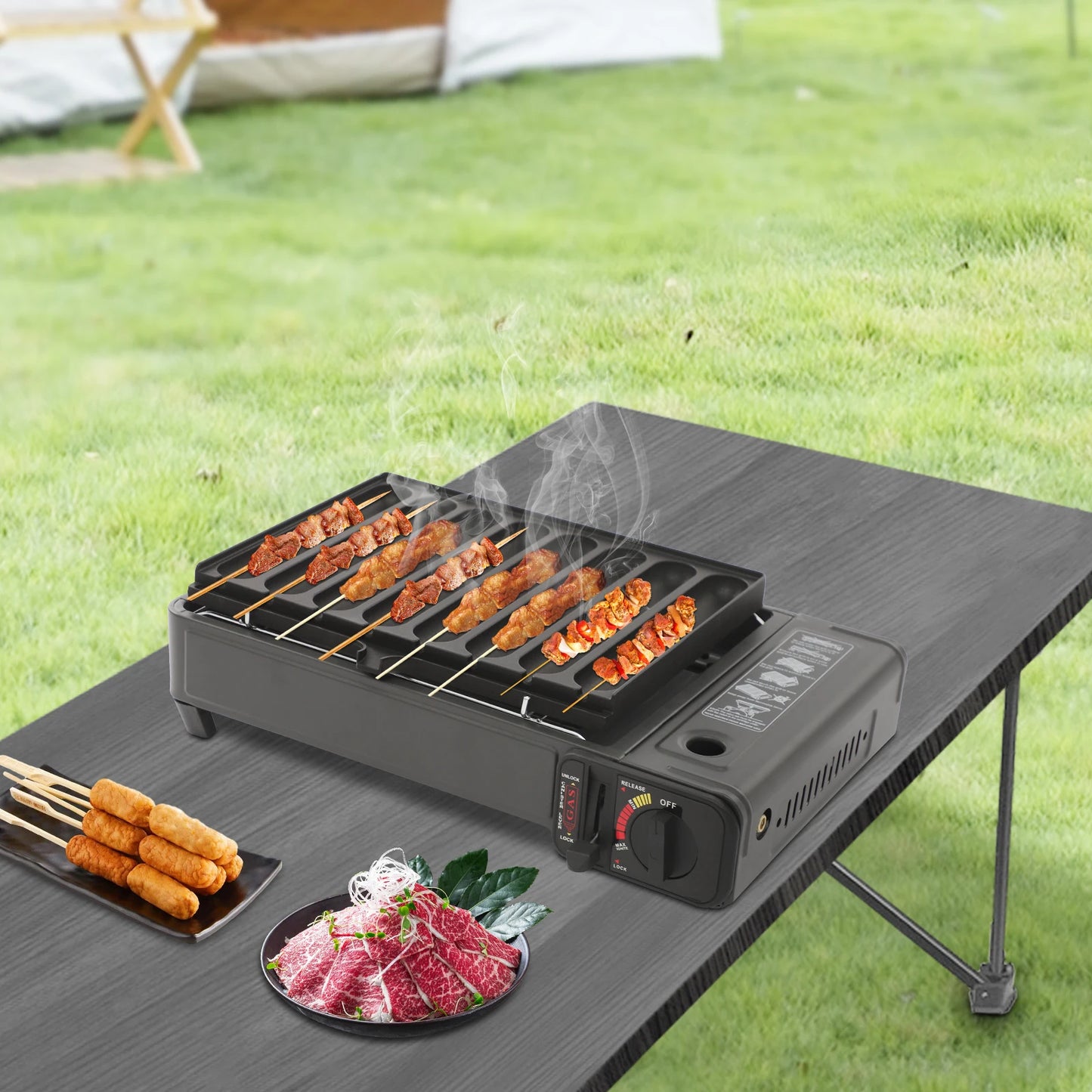 Bymaocar Portable Gas Grill Stove 2.2KW Butane With Sausage Plate