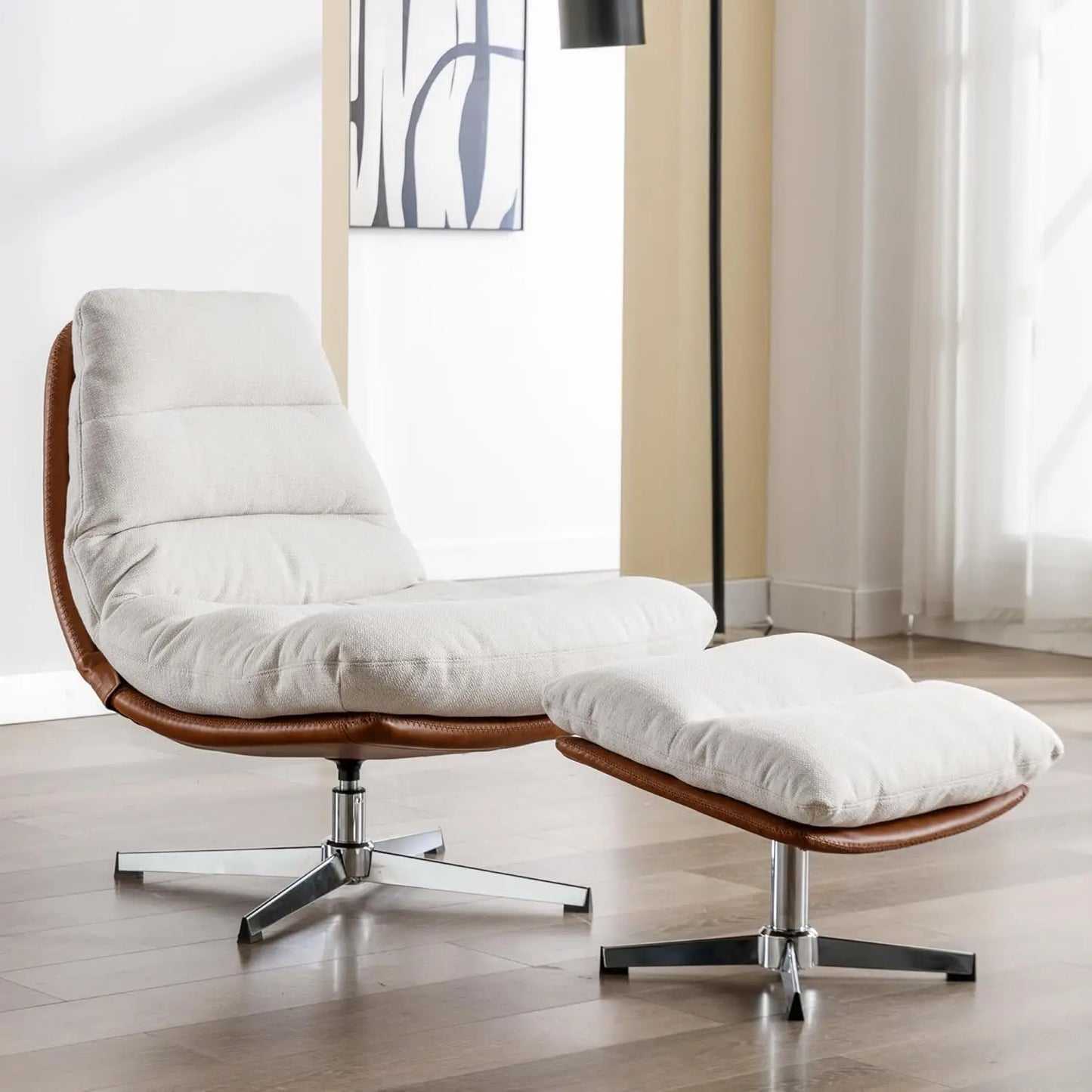Mid Century Modern Faux Leather Accent Chair With Ottoman